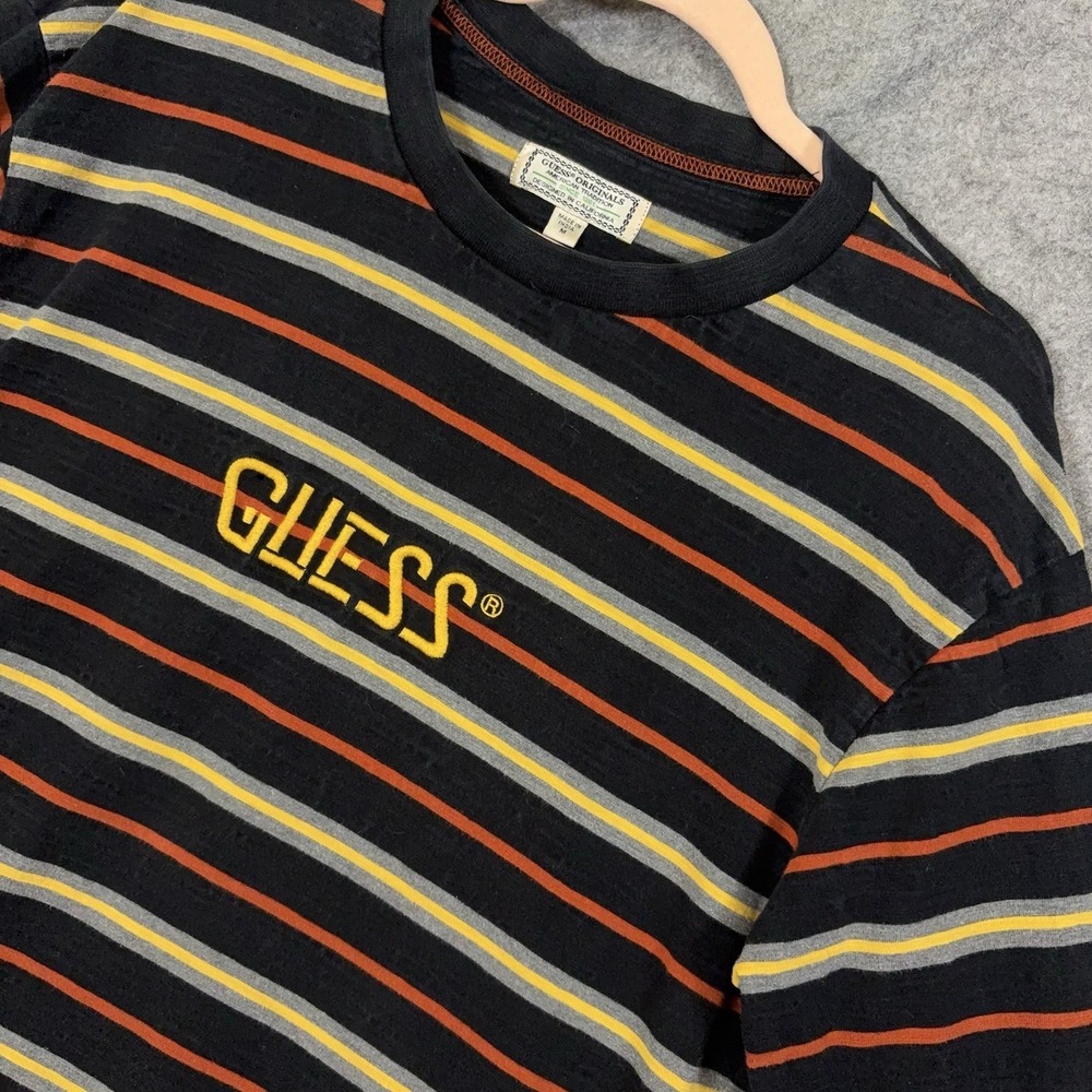 Guess Originals Striped Tee Mens Sz M Black Striped Embroidered Spellout